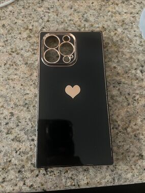 Black Phone Case with Rose Gold Heart and Camera Trim iPhone 13 Pro